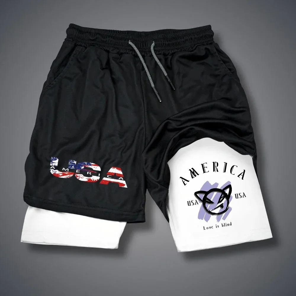 Summer Quick Dry Men's Shorts USA Letter Print Double-deck 2 In 1 Shorts Thin Breathable Casual Short Pants Sportwear Pants