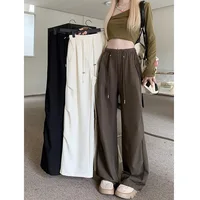 Korean Internet Celebrity Personalized Work Pants for Women with Elastic Waist Drawstring Straight Tube Casual Loose Wide Leg 2