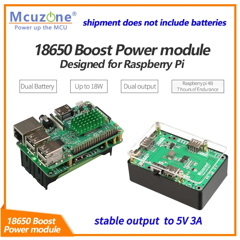 

18650 charge and boost PowerBank for Raspberry Pi Dual output up to 5V3A WS2812 Radar 4G LTE steering engine UPS