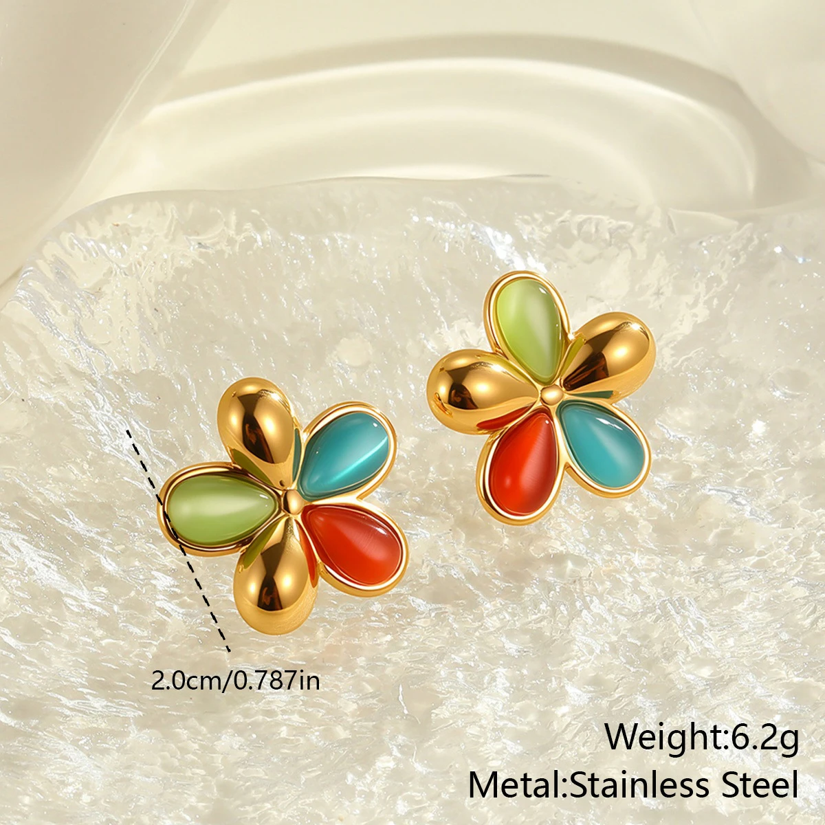 Trending Waterproof Multi-color Cats-eye Opal Ear Stud Cute Sweet Small Flower Earrings for Women Girls Stainless Steel Jewelry