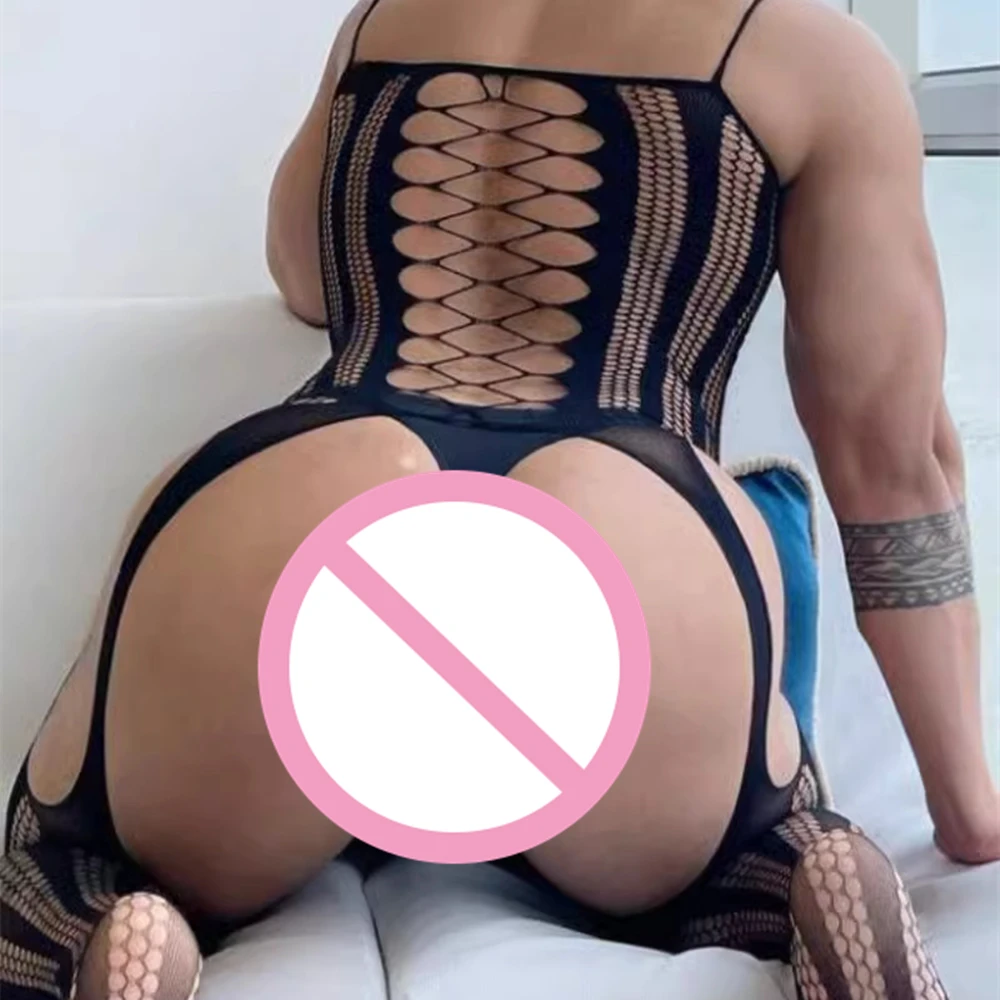 Men Sexy Lingerie Bodysuit Mesh Perspective Stockings