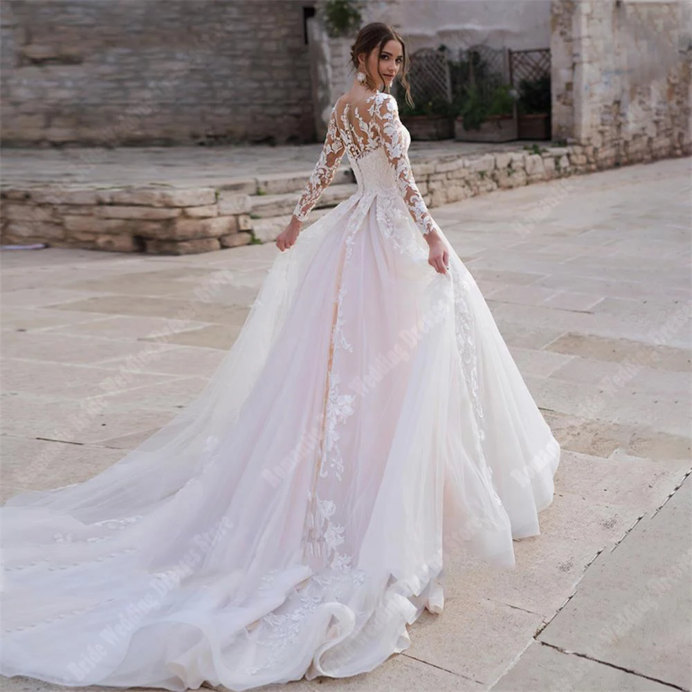 Round Collar Long Sleeves Wedding Dresses Bright Backless Bridal Gowns A Line Mopping Length Ball Vestidos De Novias Customized 2