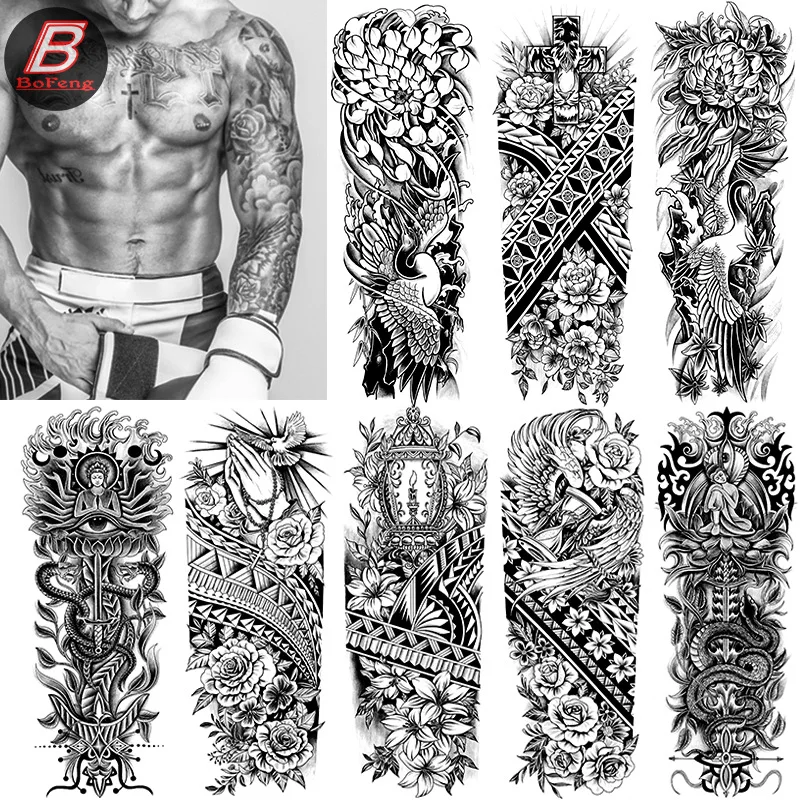 

23 Year New Full Arm Waterproof Tattoo Black And White Large Arm Temporary Tattoos Sticker Hot Selling Flower Arm Size:170*480mm