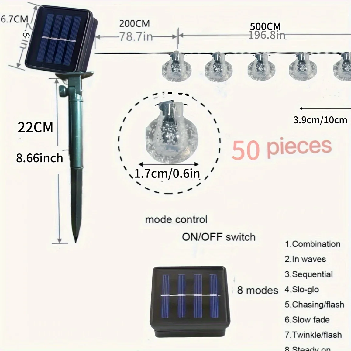 سلسلة أضواء LED شمسية فاخرة 23 قدم 50 لمبة