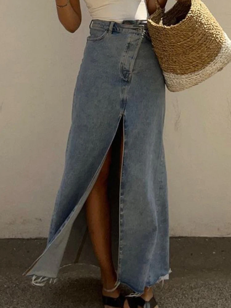 

Винтажная джинсовая юбка с разрезом, женская элегантная длинная юбка с завышенной талией, модная синяя джинсовая юбка с запахом, Женская Повседневная Свободная юбка в стиле ретро