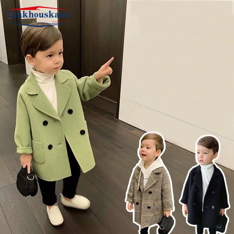 Spring Autumn Boys Jackets Child Girl Woolen Double-breasted Baby Trench Coat Lapel Kids Outerwear Winter Wool Overcoat