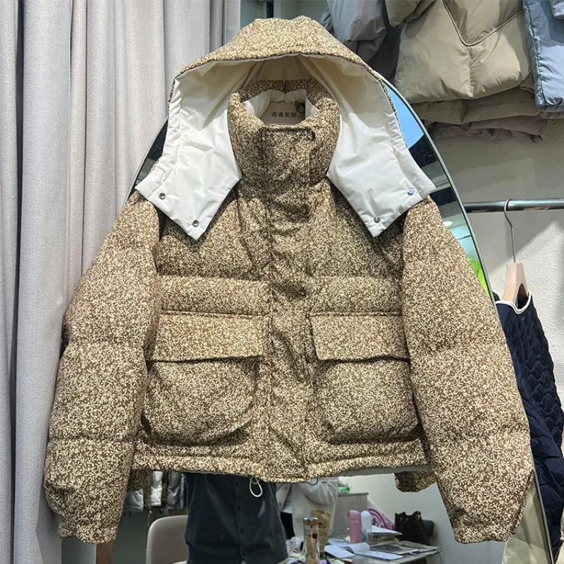 

Floral Down Jacket Women Short Hooded Fashionable Printed Bread Jacket White Duck Down Parkas for Women