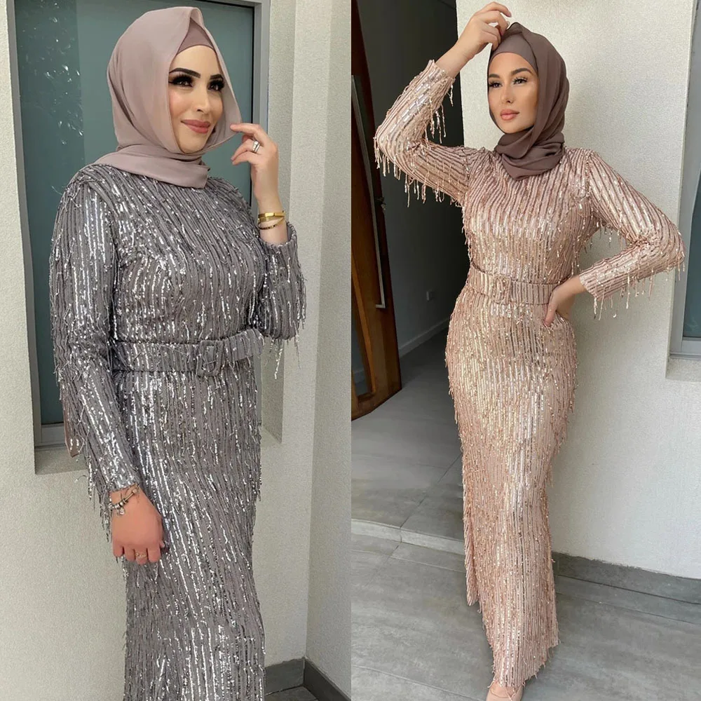 

Luxury Sequin Evening Dress Party Maxi Dress Muslim Abaya Women Belted Dress Long Prom Dress Islamic Vestidos Dubai Wedding Gown