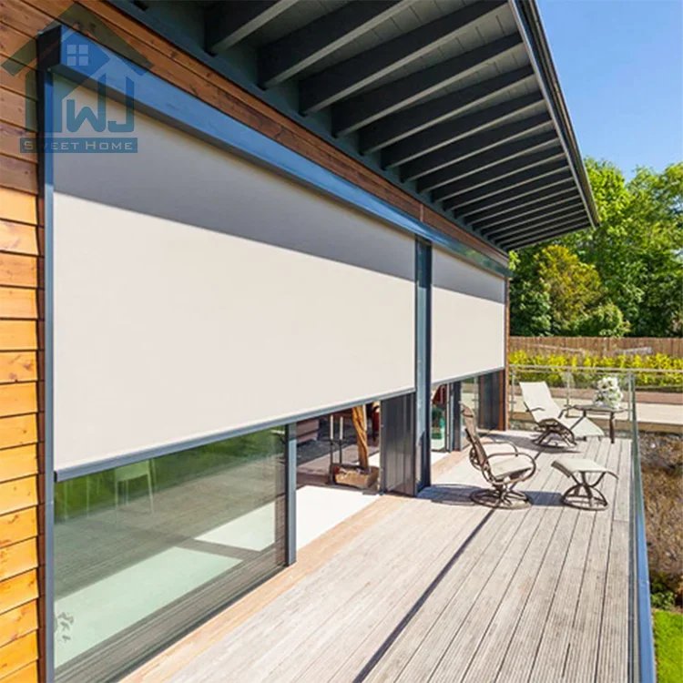 

Weijia Factory Windproof Outdoor Blinds with zip track smart sunshade curtains wind Resistant Roller shades