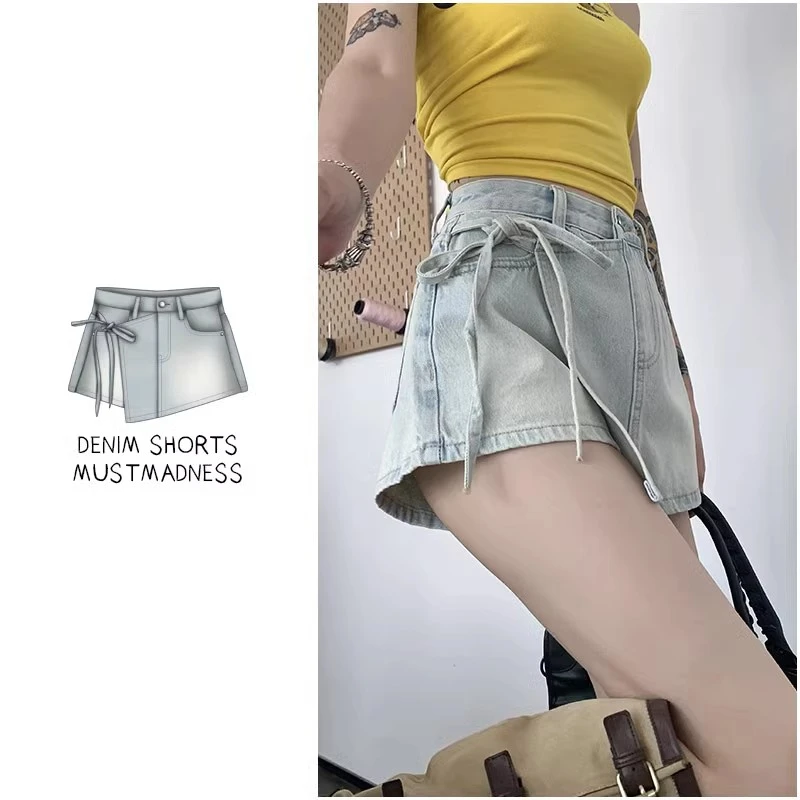 

High-waisted tie design denim shorts a word female summer new Spice Girls loose irregular false two-piece skirt pants