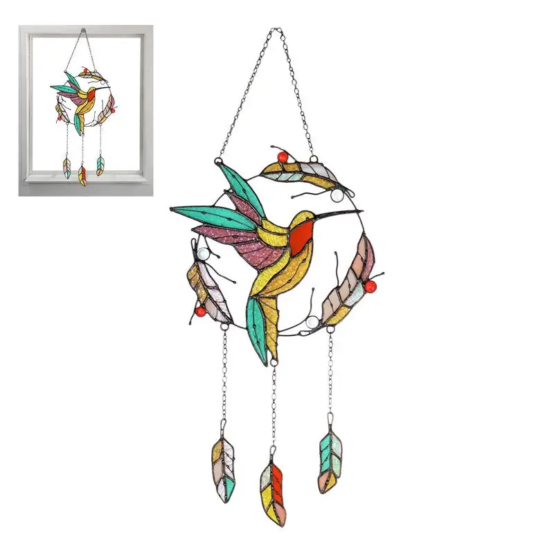 Hummingbird Wind Chimes Acrylic Stained Suncatchers For Home Trees Window Garden Patio hanging pendants Wind Chime Decorations tumbeelluwa engraved crystal stone oval slices reiki chip gravel minerals wind chimes window hanging ornaments room decor