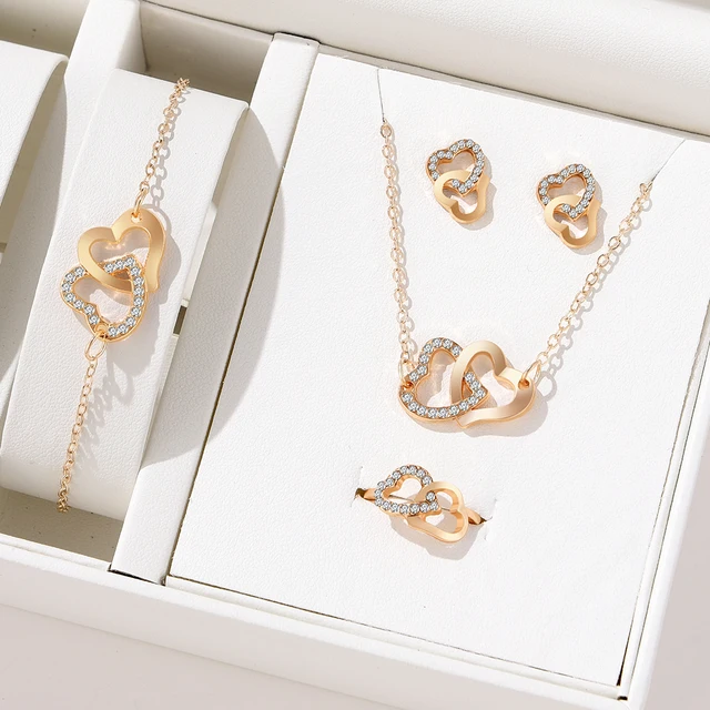 Lux Accessories Gold Tone Heart Chain Jewelry Set - 3 Piece Necklace, Earrings & Bracelet Set With Curb Chain & Stones - View #5