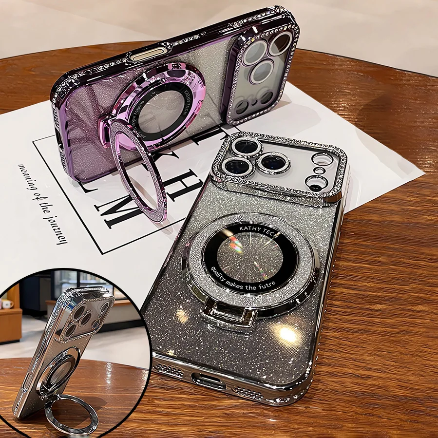 Luxury Plating Diamond Glitter Holder Stand Phone Case For iPhone17 16 15 14 13 12 Pro Max For Magsafe Lens Protector Back Cover Sd57a1ab5b42b49f2837c5f5006fd724dc