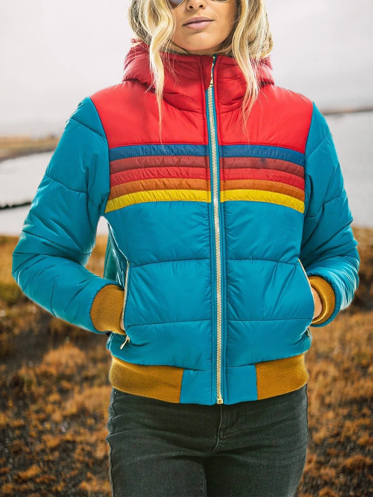 

Casual hooded printed cotton-padded short jacket
