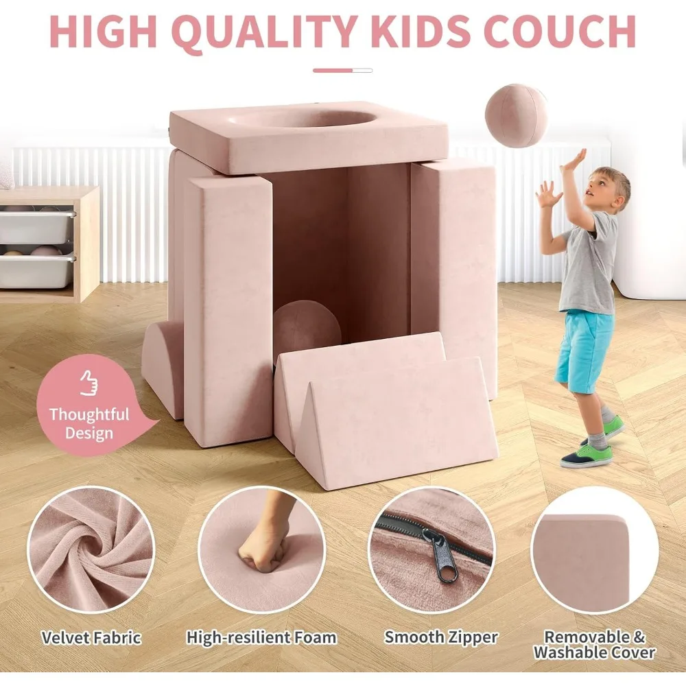 Kids Couch, 12PCS Fold Out Toddler Couch with 2 Balls and Tunnel, Modular Kids Couch for Playroom, Kids Play Couch 6