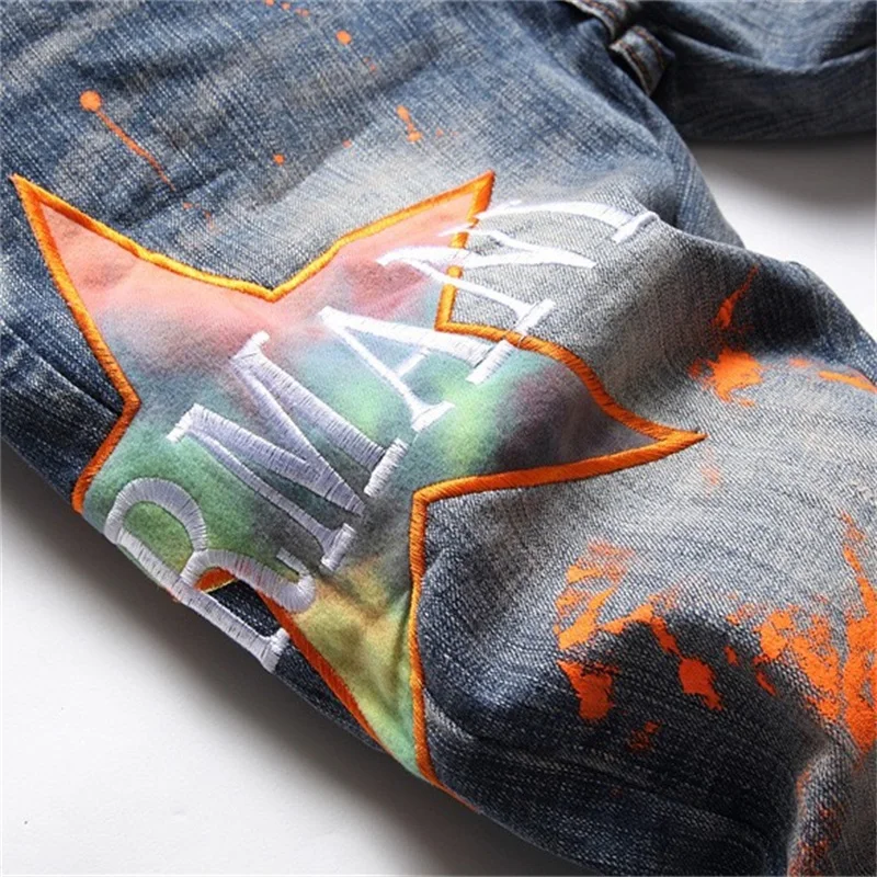 EH·MD Orange Splash Ink Jeans Men's Star Embroidery Patch 3D Printing Soft Casual Cotton Trend Youth Distress Extension Stretch