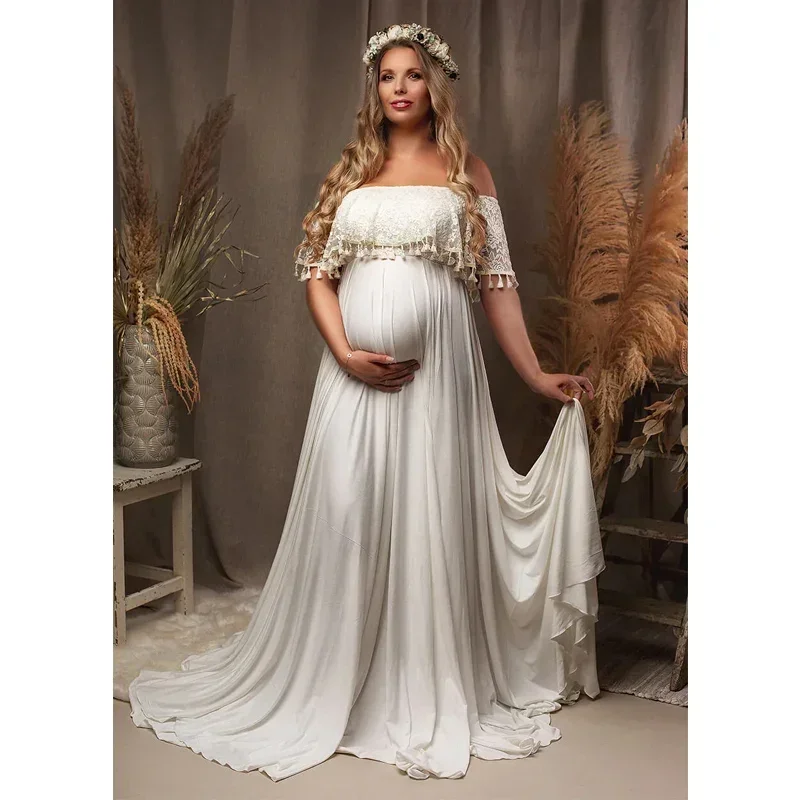 

Embroidered Lace Maternity Maxi Dress Sheer Lace Details for Pregnant Women's Wedding Photography Dress