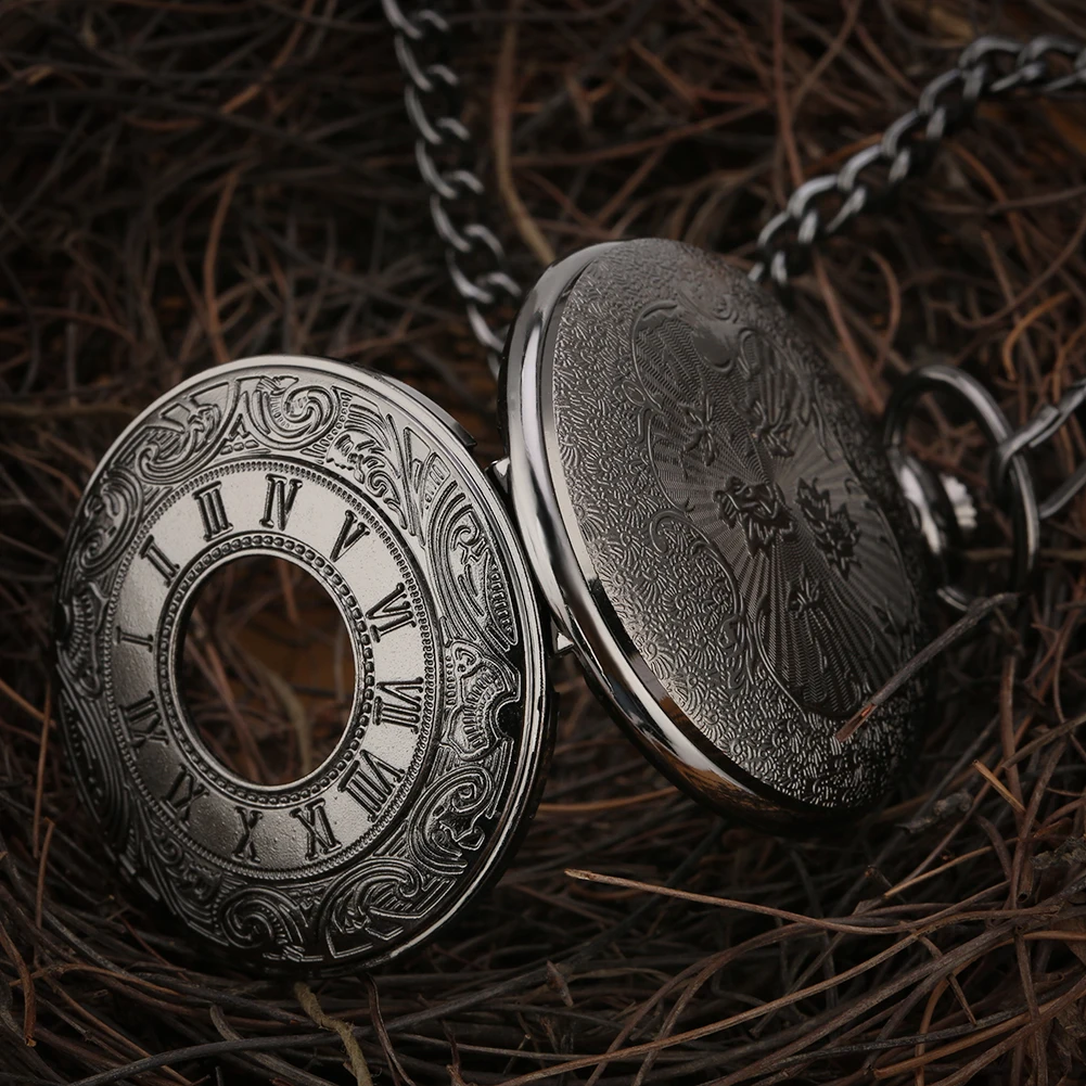 Steampunk 청동/실버/블랙/골드 로마 숫자 릴리프 커버 석영 주머니 시계 Fob 체인 목걸이 펜던트 주머니 시계