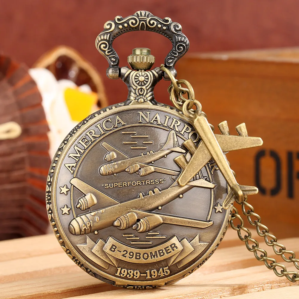 1939-1945 America Nairpower B-29 Aircraft Quartz Pocket Watch Retro Army Military Necklace Chain Clock with Airplane Accessory