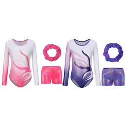 Girls Ballet Dance Leotards Kid Gymnastic Long sleeved Bodysuit With Shorts Headband Stage Performance Jersey Jumpsuit Dancewear