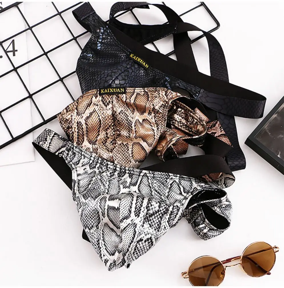 

Fun Glossy Men'S Jumpsuit Thong Hollowed Out Snake Print Low Waisted Jumpsuit Personality Underwear T-Pants Triangle Pants