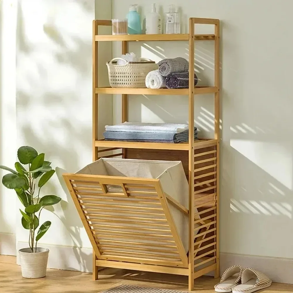 Laundry Hamper Bathroom Rack Multi-function Bamboo Laundry Baskets With Shelf With Tilt Out Basket Wooden Storage Hamper Rack