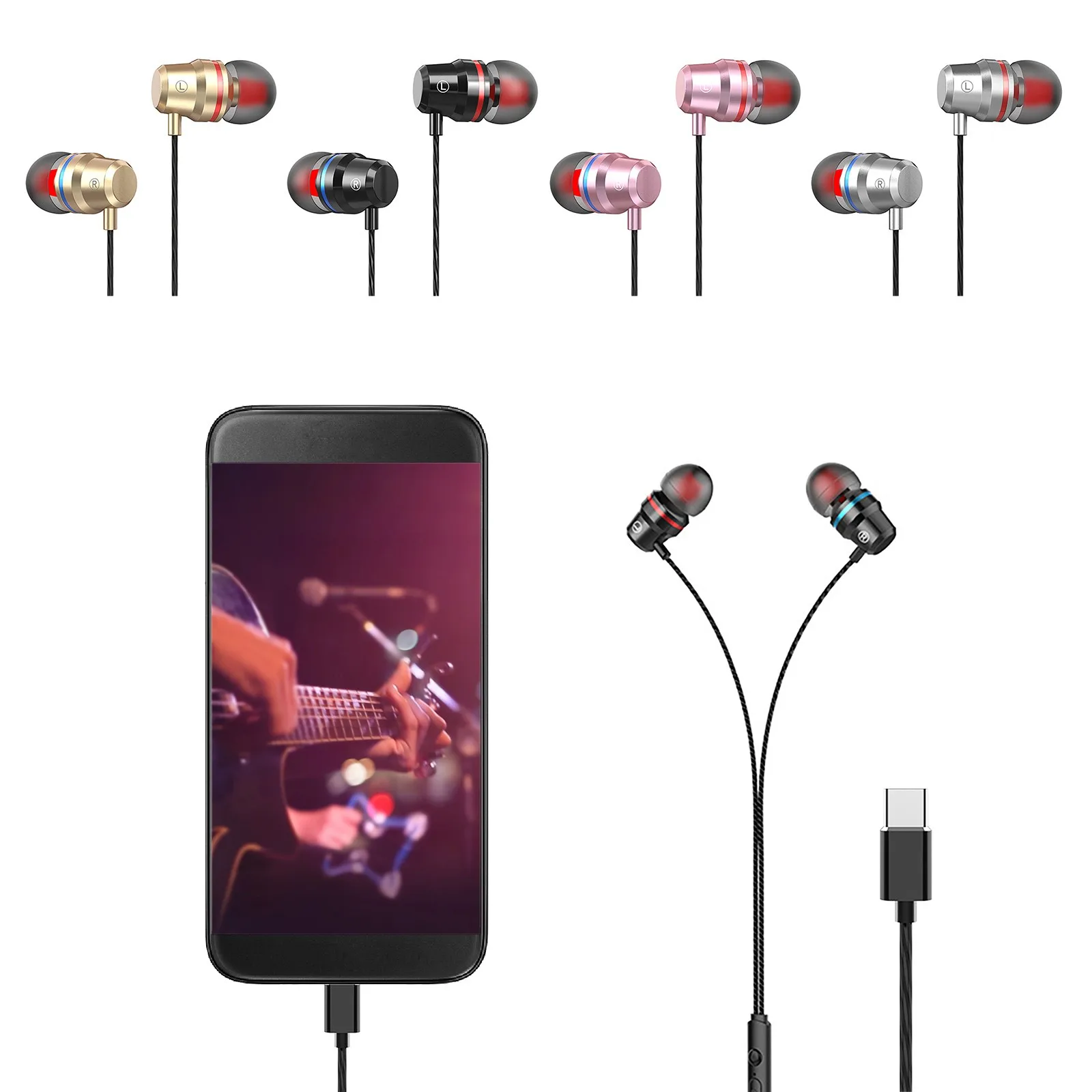 Type-C Wired In Ear Headphones Stereo Inear Microphone Wired Headphones For Phone Pc Laptop Tablet Plug In Earbuds