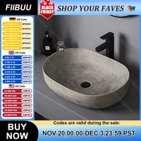 อ่างล้างหน้าเซรามิกทรงวับิซาบิ สีเทาคอนกรีตด้าน สไตล์วินเทจ สำหรับวางบนเคาน์เตอร์ในห้องน้ำ 1