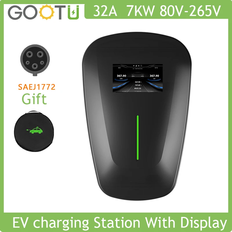 

EV Charging Station Car Charger SAEJ1772 32A 7.6KW Electric Vehicle 240V EVSE Wallbox Wall Mount Type 1 Cable With Display