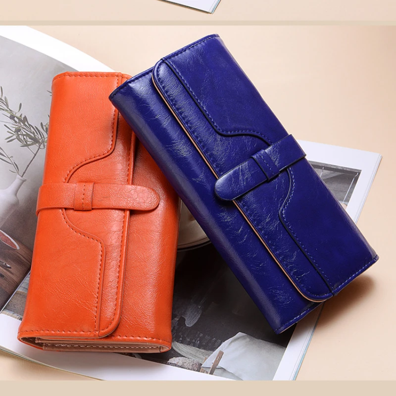 Women's purse long fashion oil wax leather three fold draw with solid color retro women's purse purse card bag wholesale