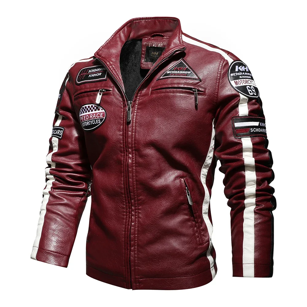 Vintage Motorcycle Jacket Men Fashion New Biker Leather Jacket Male Embroidery Bomber Coat Winter Fleece Pu Overcoat Mens leather jackets men winter jacket