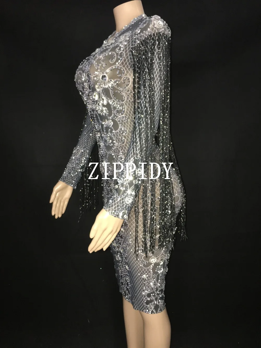Silver Rhinestones Black Fringes See Through Dress Birthday Celebrate Dress Prom Outfit Bar Women Dance YOUDU
