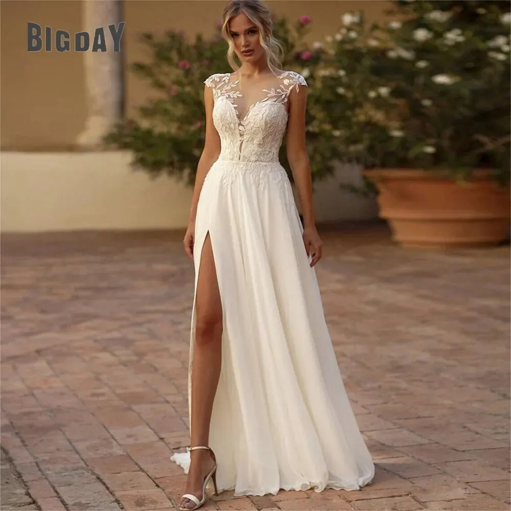 

Женское кружевное свадебное платье It's yiiya, белое шифоновое платье с круглым вырезом, открытой спиной и разрезом сбоку на лето 2023