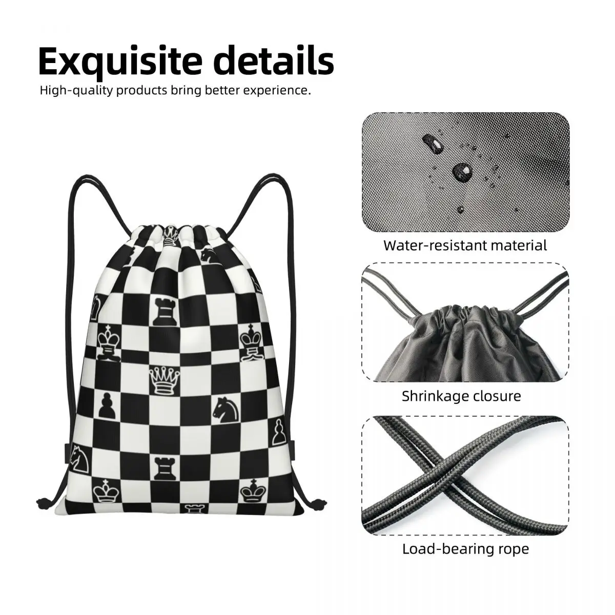 Custom Fashion Chess Drawstring Bags Women Men Lightweight Chessboard Game Sports Gym Storage Backpack