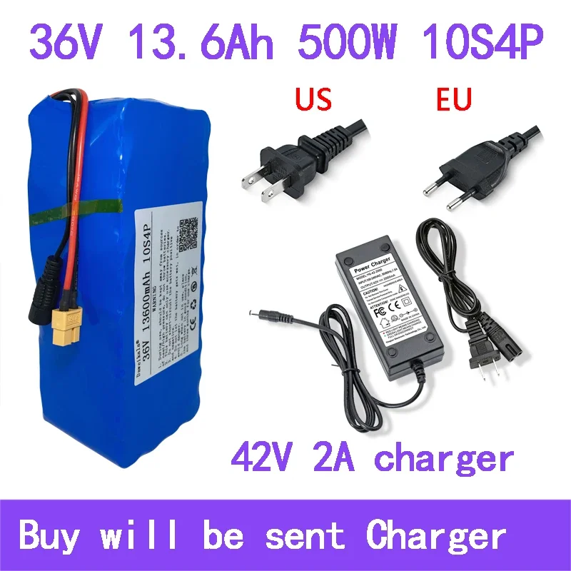 

36V Battery13600mAh 10S4P XT60 18650 Lithium ion Battery Pack 13.6Ah For 42V E-bike Electric bicycle Scooter with BMS 2A Charger