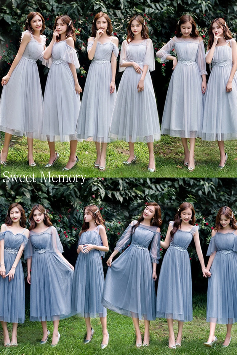 Girl Blue Grey Bridesmaid Dress Pink Champagne Mesh Net Tulle Fabric Wedding Party Graduation Dresses Prom Vestido Elastic Back