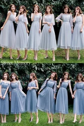 Girl Blue Grey Bridesmaid Dress Pink Champagne Mesh Net Tulle Fabric Wedding Party Graduation Dresses Prom Vestido Elastic Back