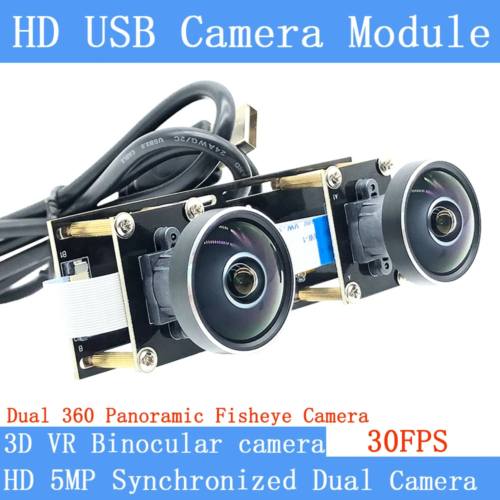 

Dual Lens 360° Panoramic Fisheye Binocular Synchronization Stereo 1080P Webcam 5MP USB Camera Module For 3D VR Virtual Reality