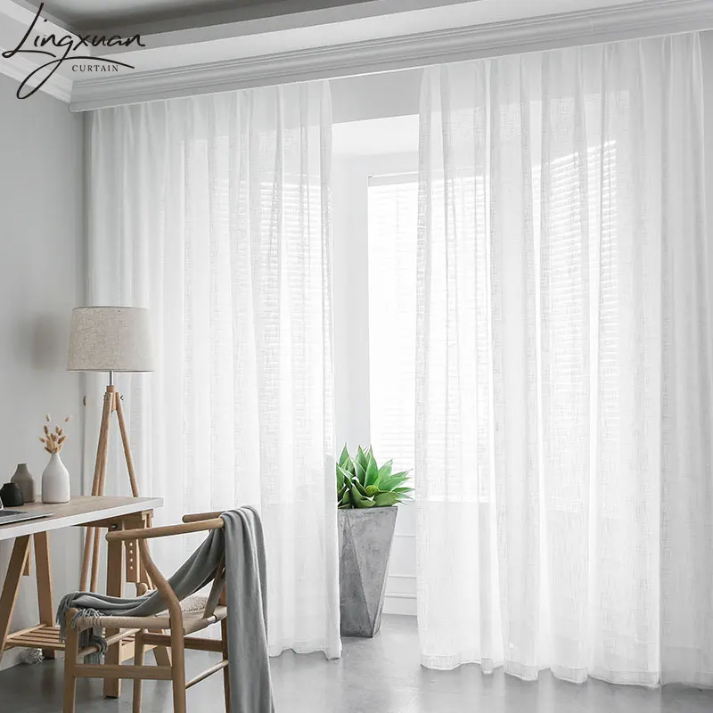Cortinas de ventana de tul de lino para dormitorio, cortina transparente de gasa blanca suave para sala de estar, cortinas terminadas, decoración