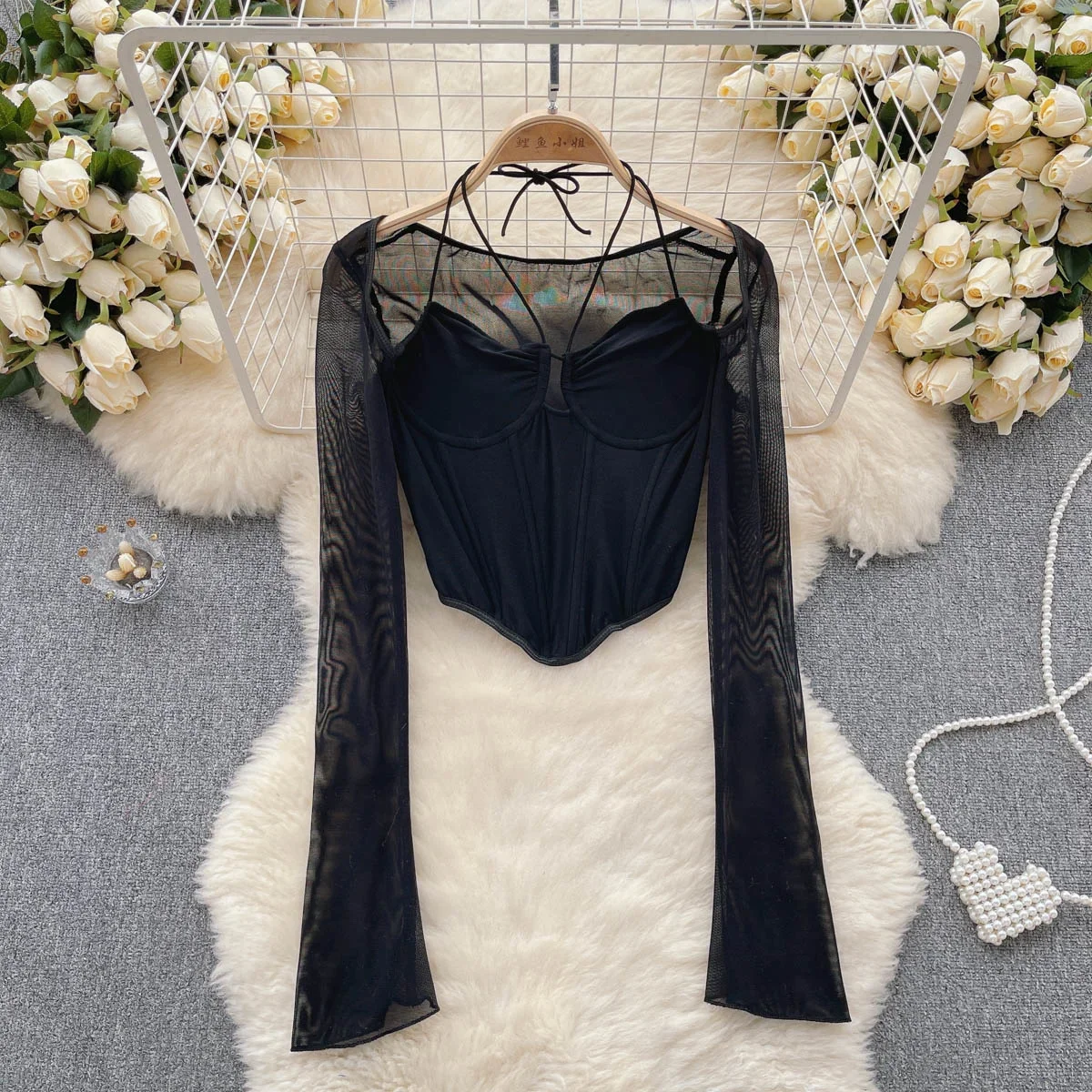 

Foamlina Сексуальная черная футболка на шнуровке с лямкой на шее для женщин модная летняя прозрачная сетчатая Лоскутная футболка с длинным рукавом облегающие кроп-топы