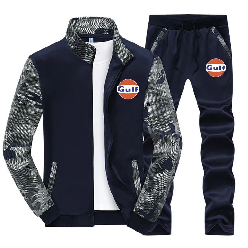 

Spring Autumn Set New Gulf Logo Printed Customizable Men Zipper Jacket Hoodie + Pants Pocket Casual Fashion Man Sportswear Suit