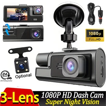 Dashcam per Auto a 3 Canali, Telecamera DVR 1080P con Visione Notturna, Registratore Video 24h per Parcheggio, Telecamera Anteriore, Interna e Posteriore
