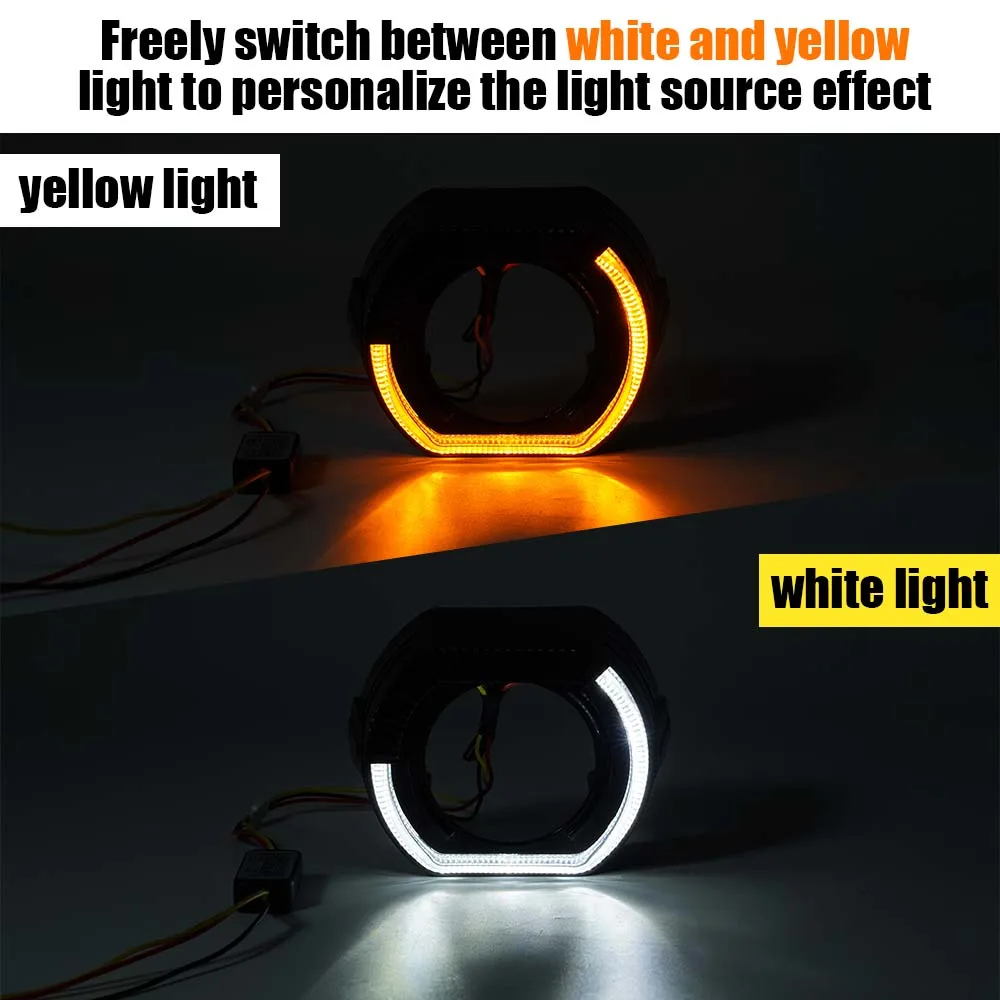 2pcs 자동차 전면 LED 헤드라이트 렌즈 흰색/노란색 빛 2색 자동차 헤드라이트 엔젤 아이 통합 램프쉐이드 장식