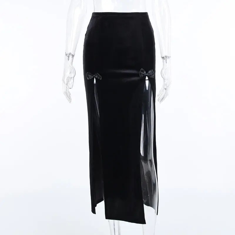 black maxi skirt Dark series skirt 2022 new design feeling minority bow Suede double-slit half-length skirt denim skirt