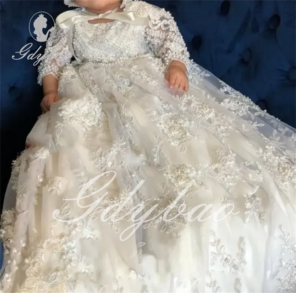 Baby Infant Girls Handmade pearls Christening Gowns With Lace Applique Baptism Dress High Quality 3m-24m Flower Girl Baptism