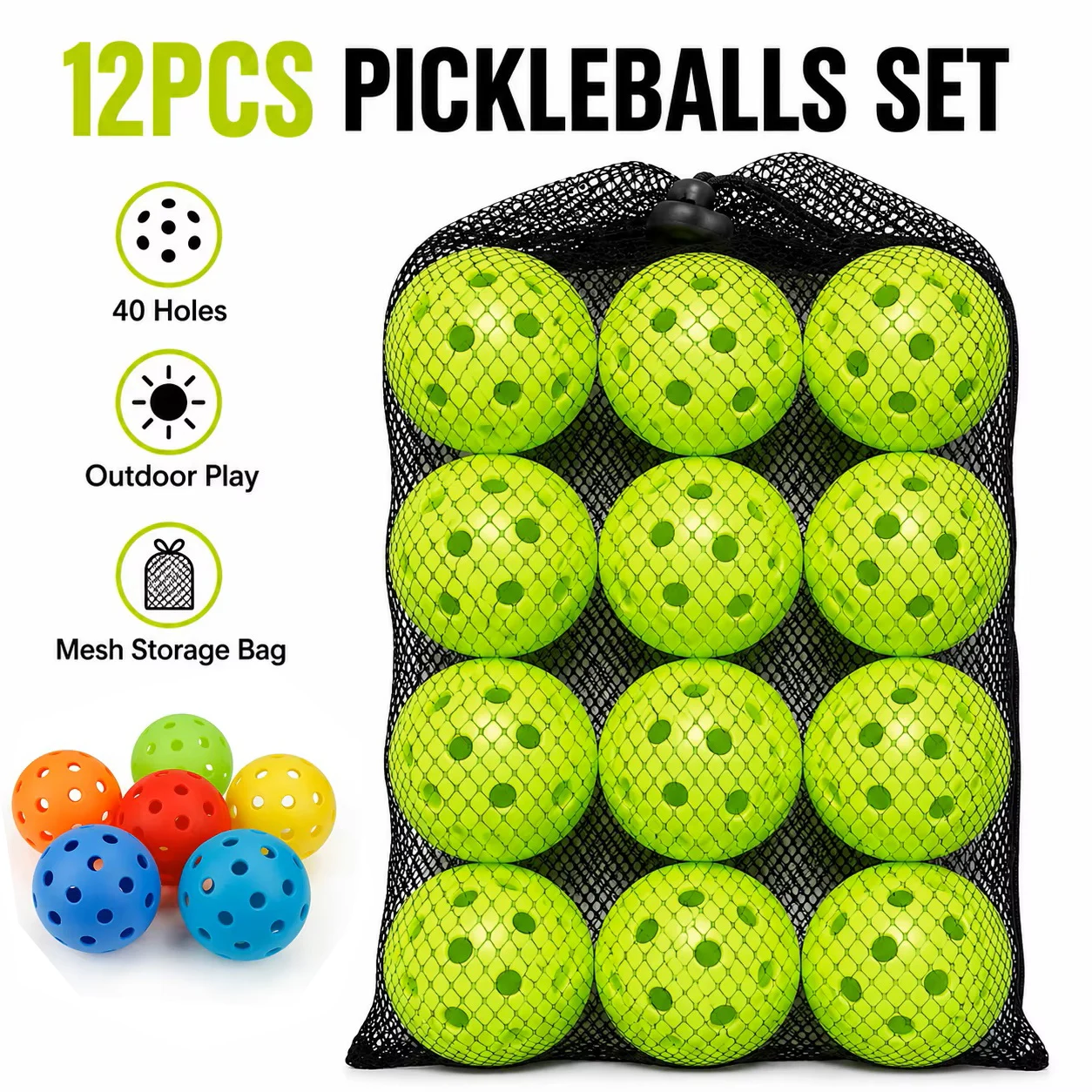 12-Pack Durable Outdoor Pickleballs - 74MM, 40 Holes, 26g