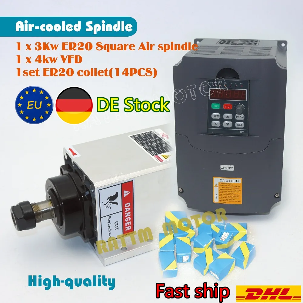 

【EU Delivery】Square 3kw ER20 Air Cooled Spindle Motor Runout-off 0.01mm & 4kw HuanYang Inverter VFD & ER20 Collet for CNC Router