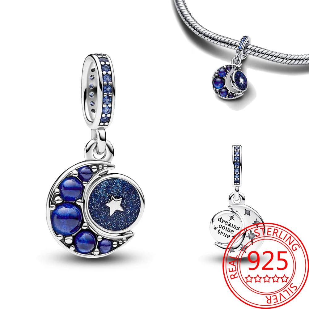 

Fashionable 925 Sterling Silver Blue Sparkling Moon Spinning Dangle Charm Fit Pandora Bracelet Women's Wedding Jewelry Gift