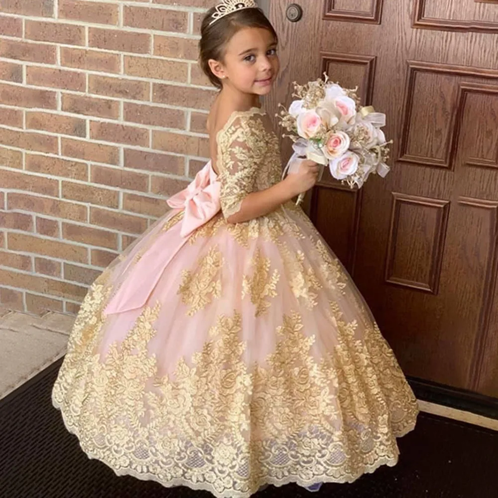 Children's Wedding Dress Girl's Mid Sleeve Lace Birthday Performance Host Pengpeng Princess Long Dress