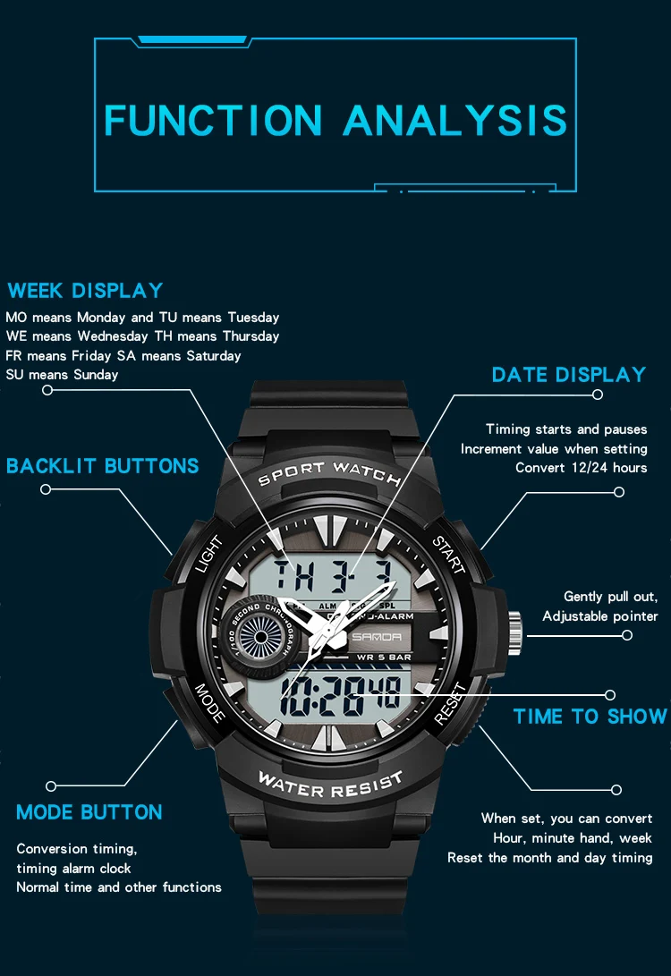 SANDA Brand Mens Sports Fashion Watch Man Dual Display Analog Digital Wristwatches Waterproof Swimming Military Calendar Watches